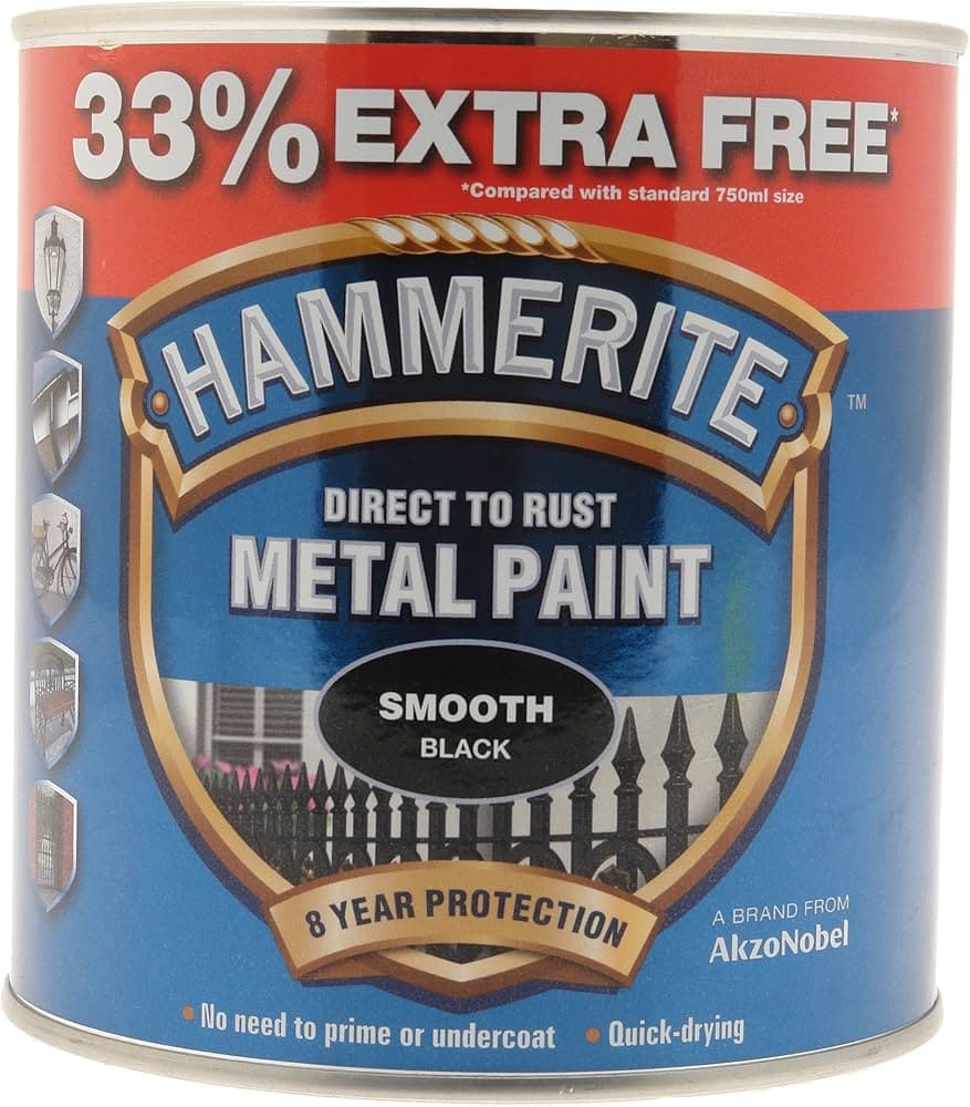 Hammerite Metal Paint - Smooth black - 750ml + 33% = 1L Tin (5158235)