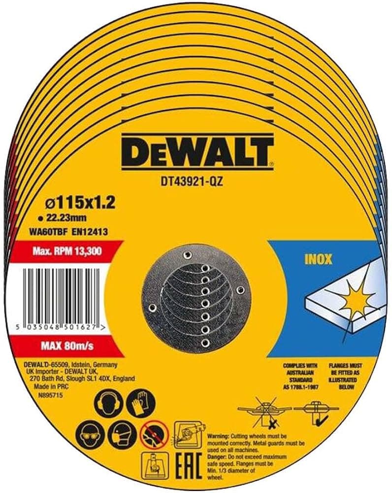 Dewalt Thin Cutting Metal 115mm x 1.2mm x 22.23mm (10pcs/Tin) - INOX (DT43921-QZ)