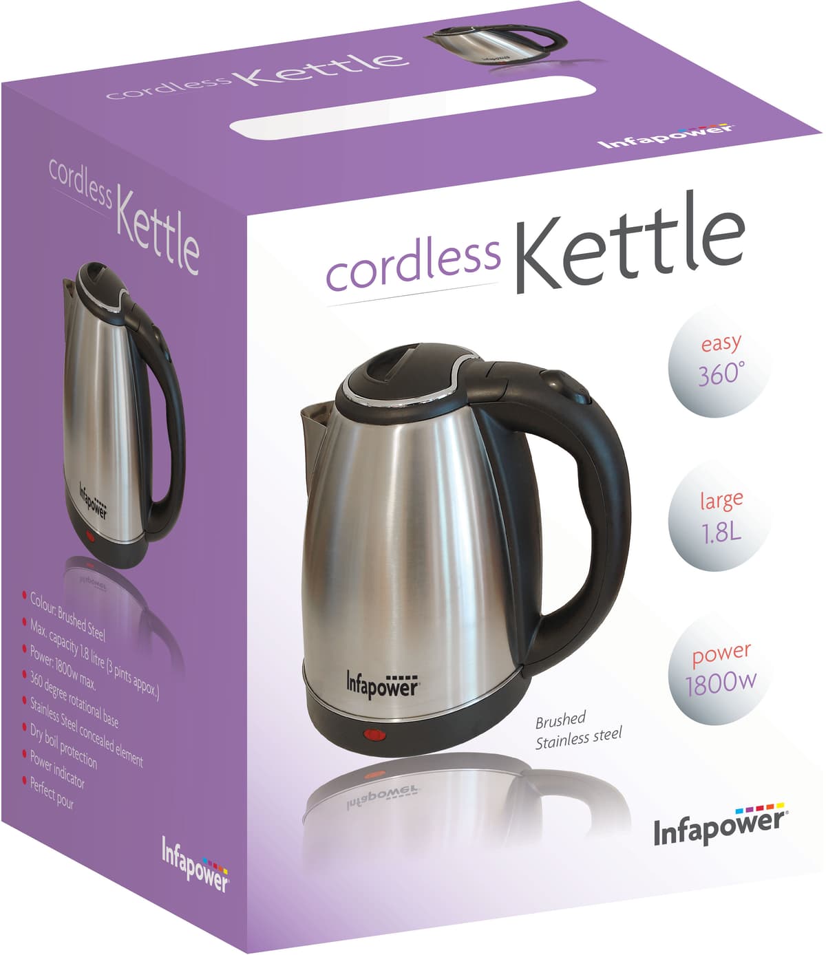 Infapower 1800w 1.8l 360 degree cordless brushed stainless kettle (X503)