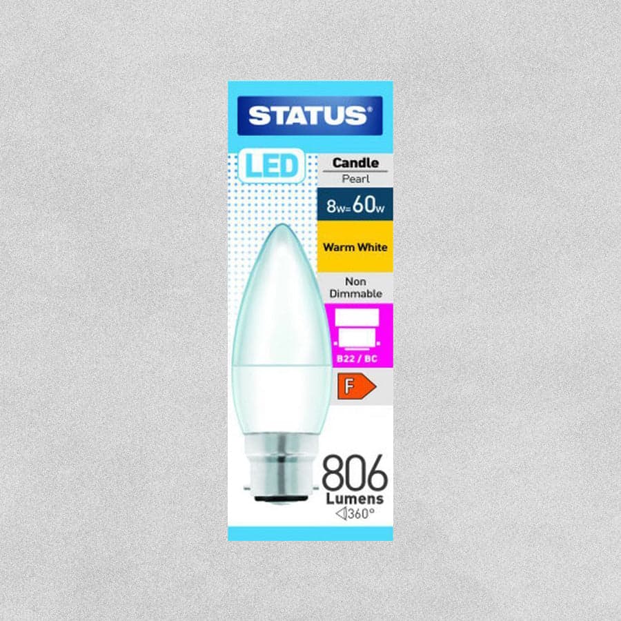 STATUS 8W=60W LED Candle B22 CW Pearl 1pk Box