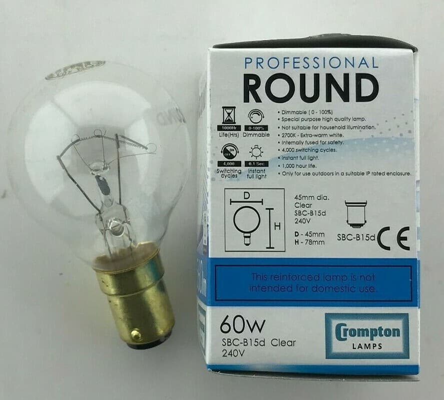 CROMPTON ROUND BULB 60W 45MM CLEAR SBC-B15D 240V