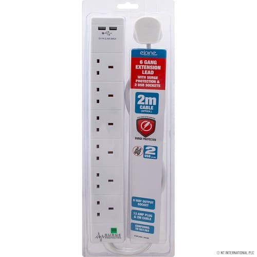 NT 6 Way 2m Extension Lead With Neon Light