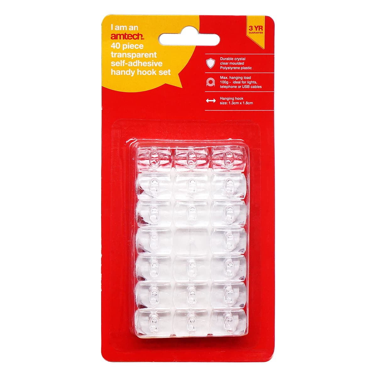 Am-Tech 40PC Transparent Self Adhesive handy Hook Set
