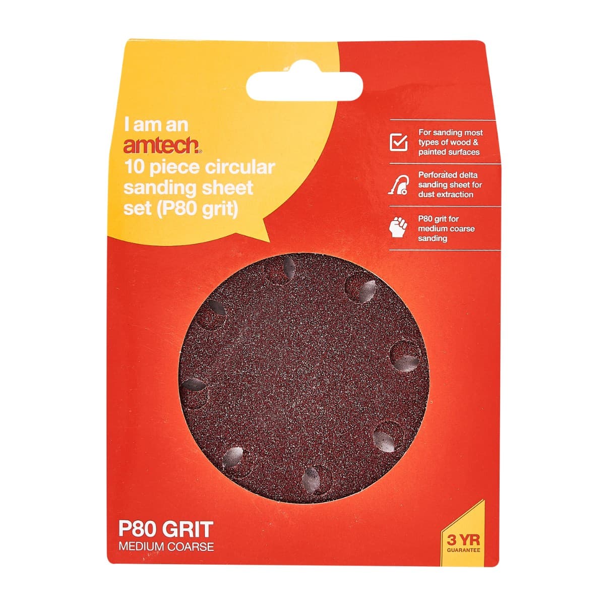 Am-tech 10PC CIRCULAR SANDING SHEET SET (P80 GRIT) (DIA 115mm)